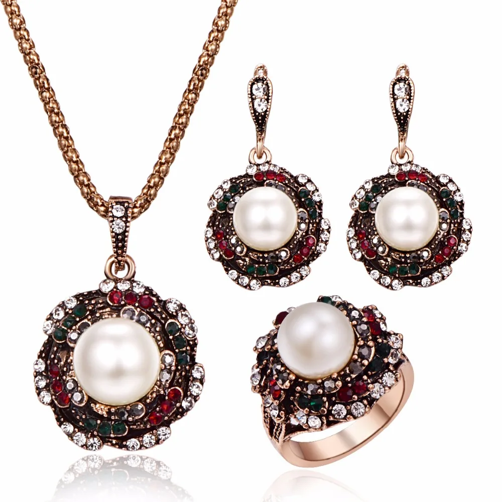 

3Pcs/Set Vintage Pearl Jewelry Sets For Women Antique Gold Multicolor Crystal Flower Pendant Necklace Earrings Ring Set