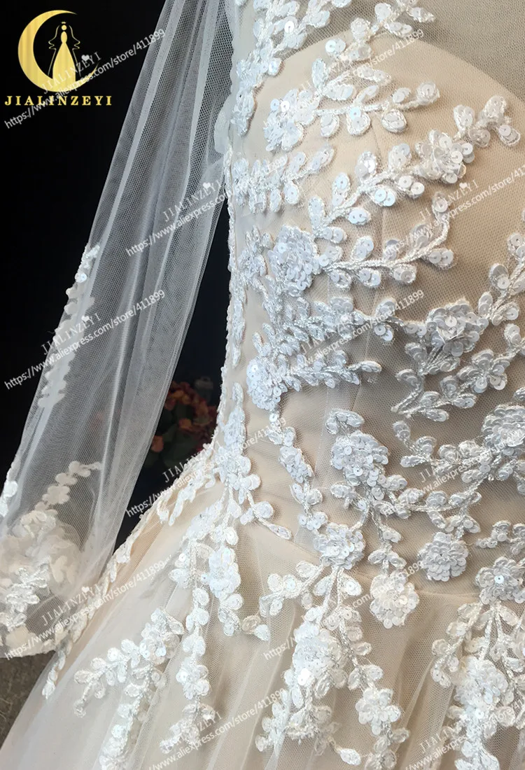 JIALINZEYI реальное изображение с пышными рукавами V образным вырезом Обнаженная с кружевными аппликациями блёстки свадебные платья свадебное