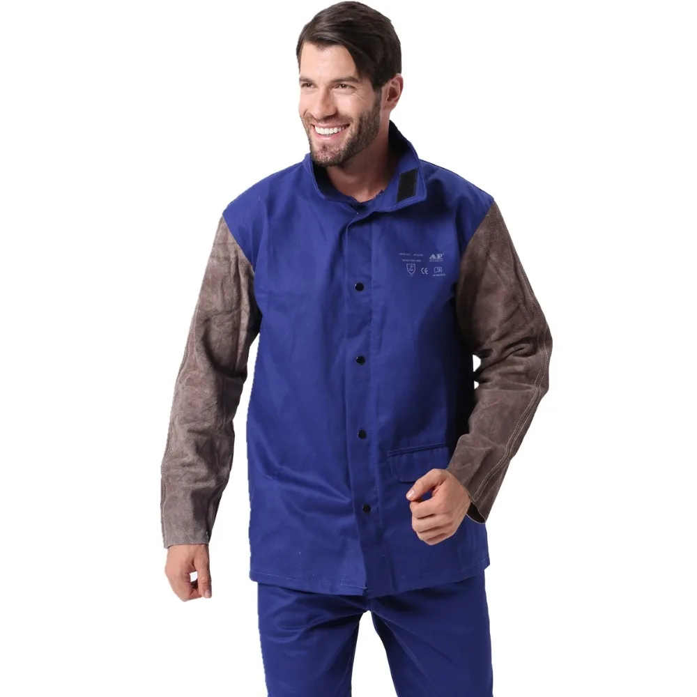 Welding Jacket Flame Heat Abrasion Resistant Hybrid Cowhide Leather FR Cotton Long Sleeve Worker Jacket Apparel