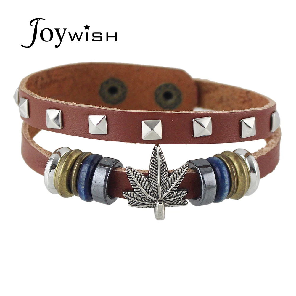 Joywish Punk Rock Multi Layers Brown Pu Leather Wrap Bracelets With Rivet Leaf Shape Bracelet