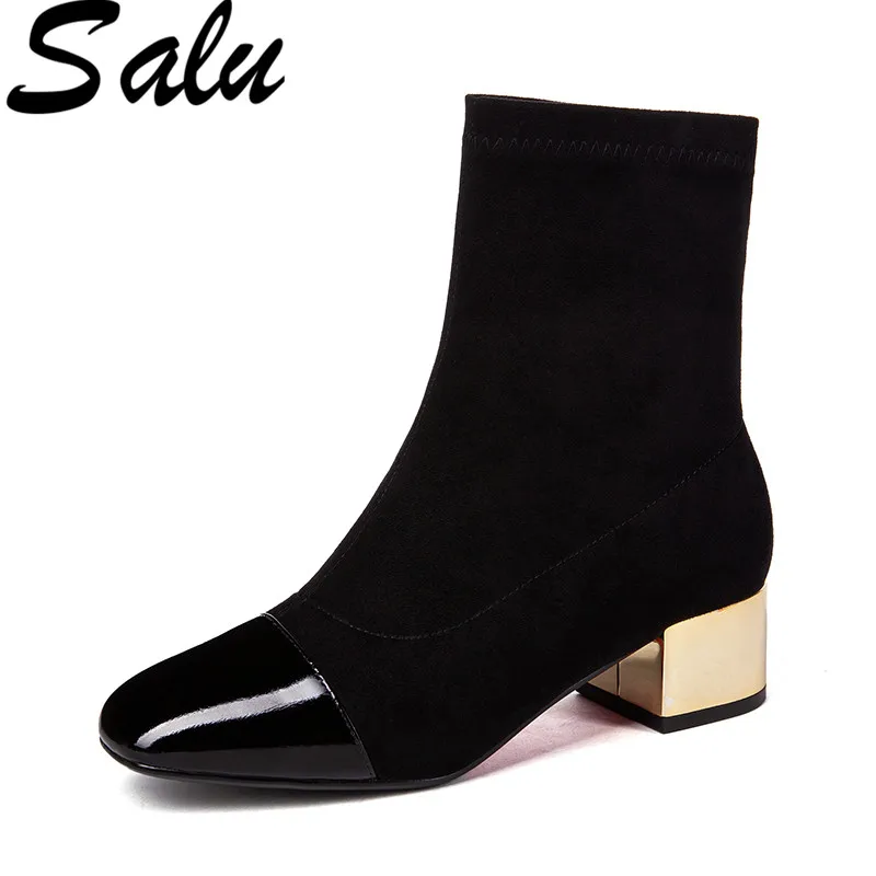 

Salu Autumn Winter Boots Women Genuine Leather Ankle Boots Fashion Elegant Slip-on Party Shoes Woman Solid Round Toe Size 40