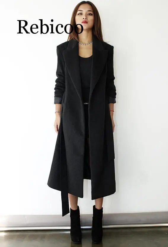 Newest UK 2019Fall / Winter Women Woolen Robe Belted Robe Coat Simple Notched Lapel Red Black Oversized Overcoat