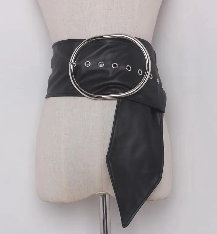 black Женские Подиумные Модные металлические пряжки из искусственной кожи женские платья Корсеты пояс с пряжкой украшения широкий пояс R1619 - Цвет: black