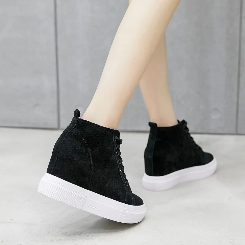 Printemps Véritable Étudiant Augmenter Porc Top Yiluan Femmes Chaussures black High Black De Suede up Casual Velvet Haute Lace Cuir Plus Automne khaki khaki Velvet Talons xXIqfwzE