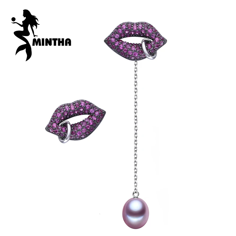 

MINTHA Ruby Jewelry Lips earrings, hiphop rock learrings for women,Bohemian pearl Jewelry 925 sterling silver Punk Drop Earrings