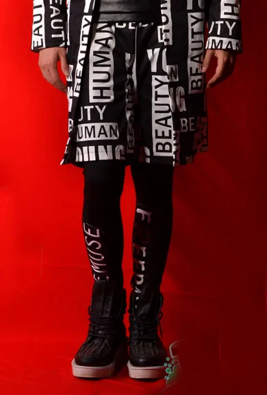 Индивидуальный мужской модный длинный Тренч в стиле хип-хоп с капюшоном, Мужская Уличная одежда, Повседневный Кардиган, куртка танцовщица, певица, сценические костюмы - Цвет: short and leggings