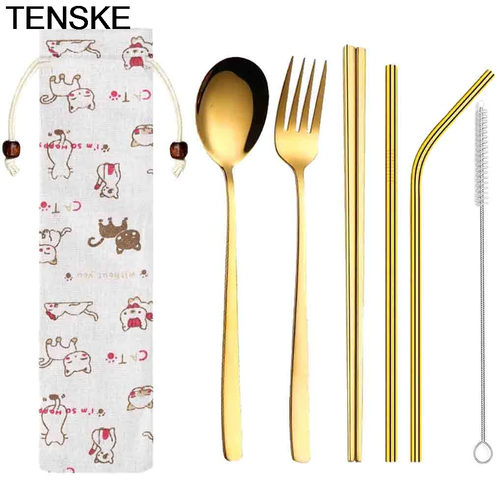 

TENSKE Tableware Portable Travel Dinneware Set Korean Style Fork Scoop Chopsticks Straw Silverwar Set Cutlery With Pouch 5APR22