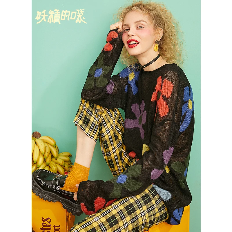 ELF SACK 2019 New Oversized Woman Sweater O-Neck Full Solid Women Pullovers Hand Knitted Streetwear Ladies Cute Sweater Tops
