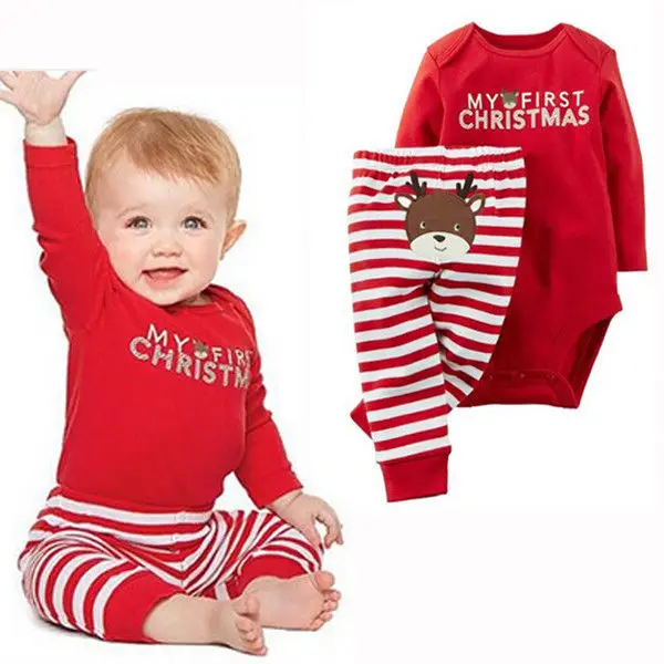 Рождественский хлопковый комбинезон для новорожденных девочек и мальчиков+ длинные штаны, одежда для детей 0-18 м
