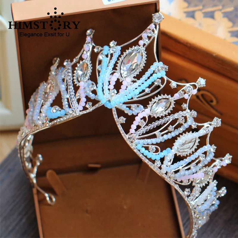 Himstory New Big European Handmade Bride Crown Crystal Large Queen Princess Diademi Accessori Per Capelli Da Sposa