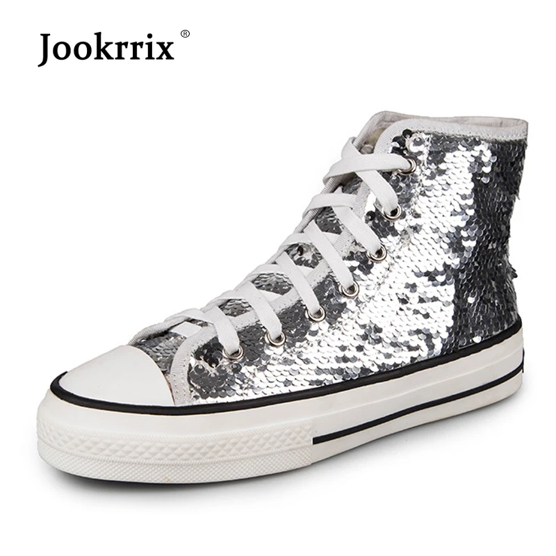 

Jookrrix 2018 Sequin Shoes Women Fashion Brand Glitter Sneakers High Top Lady chaussure Autumn Female footware Silver Cross-tied