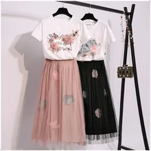 Amolapha, женские футболки, юбки, 2 шт., костюмы, короткий рукав, 3D цветок, хлопок, топы+ эластичная талия, до середины икры, сетчатая юбка, наборы