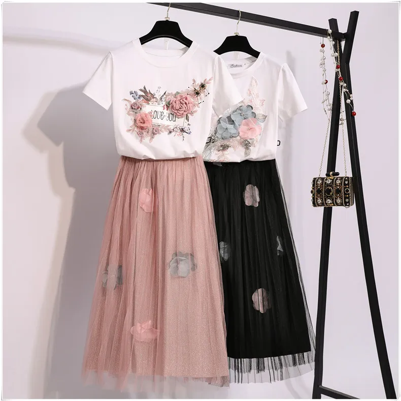 

Amolapha Women Tee Skirts 2PCS Suits Short Sleeve 3D Flower Cotton Tee Tops+Elastic Waist Mid Calf Mesh Skirt Sets