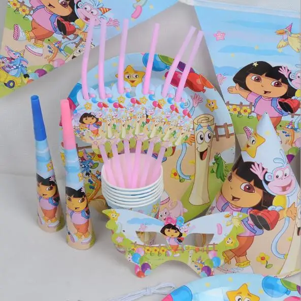 Тема Дора посуда набор для дня рождения украшения Детские воздушные шары салфетки чашки скатерть и флаги набор соломинок для вечеринок