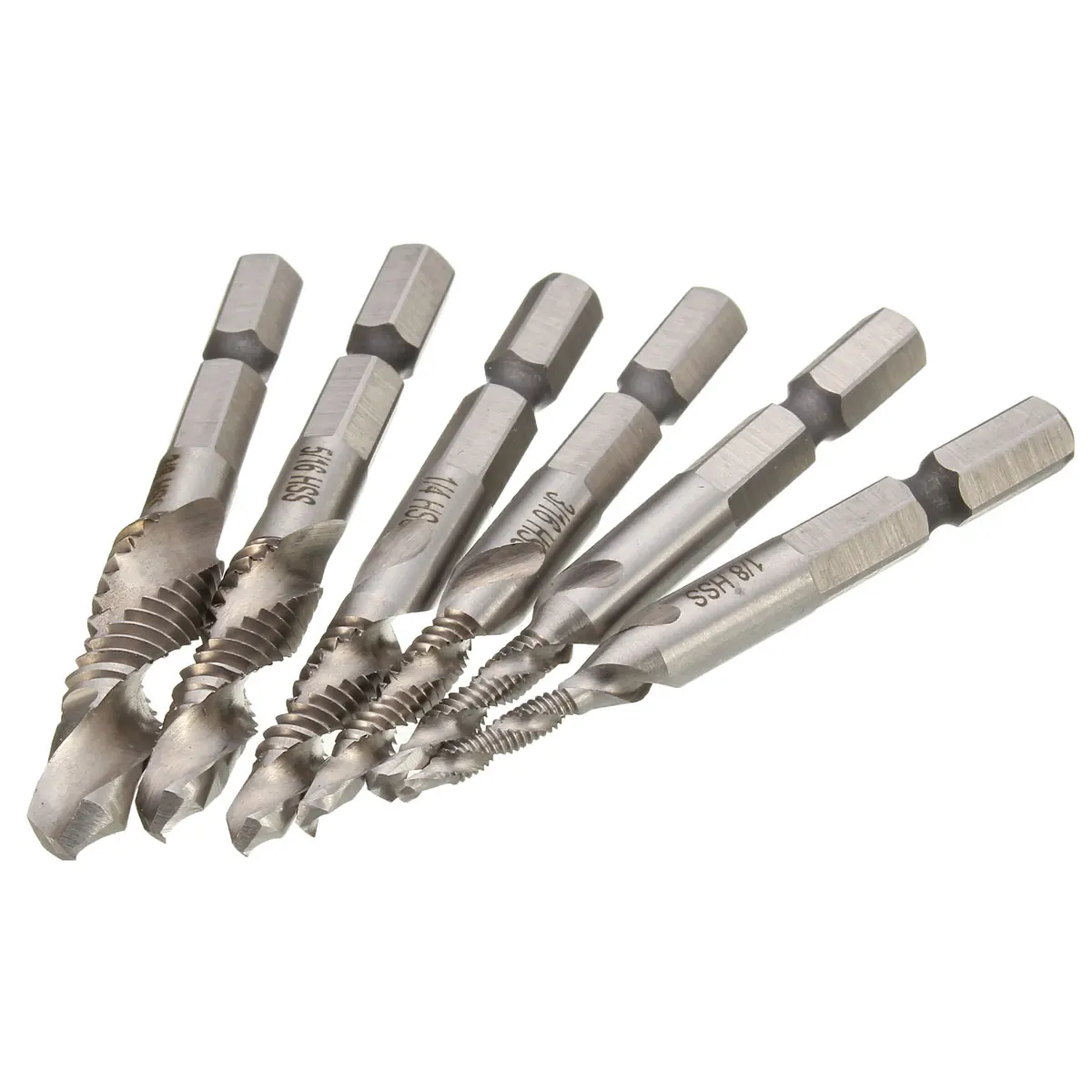 

Hot Sale 6pcs/set HSS Multi Metric Combination Drill Tap Bit Drill Tap Countersink Deburr Set Spiral Machine Tap Screw Tap Drill