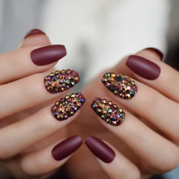 

Rhinestone Matte Coffin Short Nails Maroon Red Colourful Gemstone Handmade Fake Nails Frosted Party Lady Nails