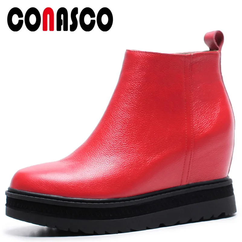 

CONASCO Fashion Women Ankle Boots Zipper Casual Autumn Winter Warm High Heels Shoes Woman Round Toe Genuine Leather Martin Boots