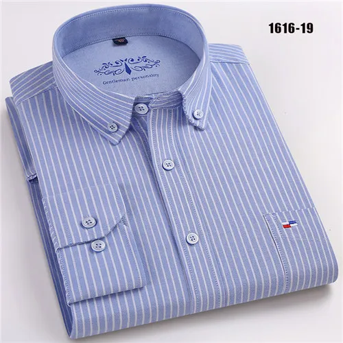 Качество хлопок Ткань Оксфорд полосатый бизнес мужские повседневные рубашки кнопка квадратный воротник с длинным рукавом slim fit - Цвет: 1616-19