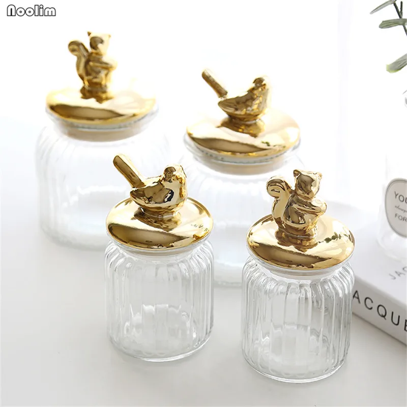 

Nordic Gold-plated Glass Candy Box Animal Transparent Sealed Jars Cotton Swabs Tea Dried Fruit Snacks Tanks Wedding Party Decor