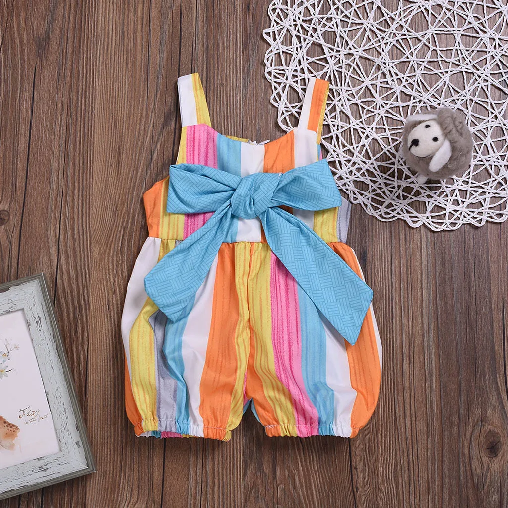 

Summer Baby Girl Romper Fashion Sleeveless Rainbow Print Romper Lovely Bow Romper Jumpsuit Korean Version barboteuse bebe fille