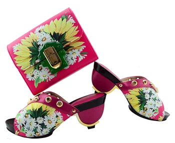 

Amazing fuchsia with flower print shoes and evening handbag set for fashion lady GL01