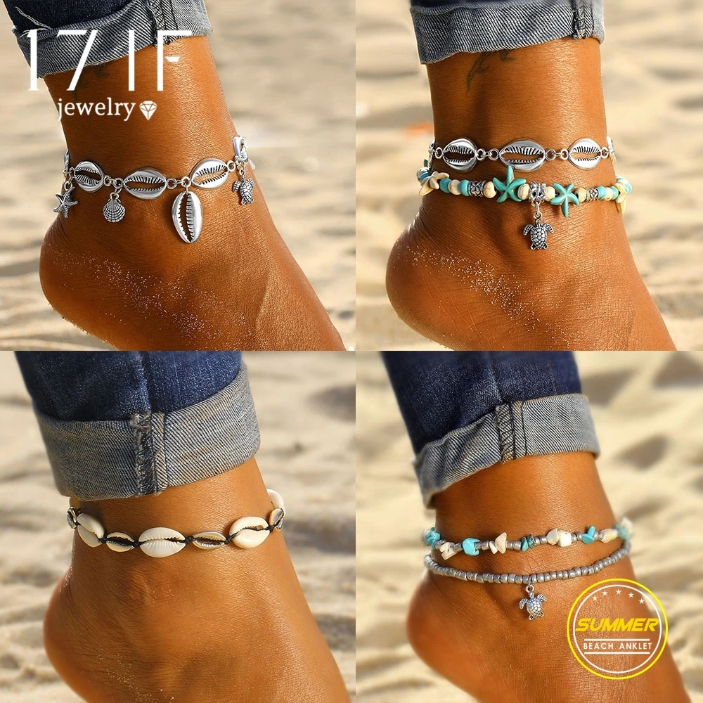 

17IF Fashion 17 Design Bohemian DIY Turtle Anklet Set For Women New Shell Map Anklets 2019 Bracelet On Leg Barefoot Foot Jewelry