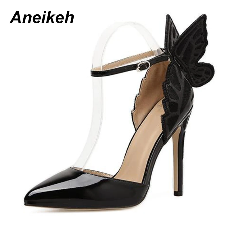 Aneikeh Fashion Butterfly Wing Top Sold Buckle Strap Women Pumps Sexy Pointed Toe High Heel Women Party Shoes Size 35-40