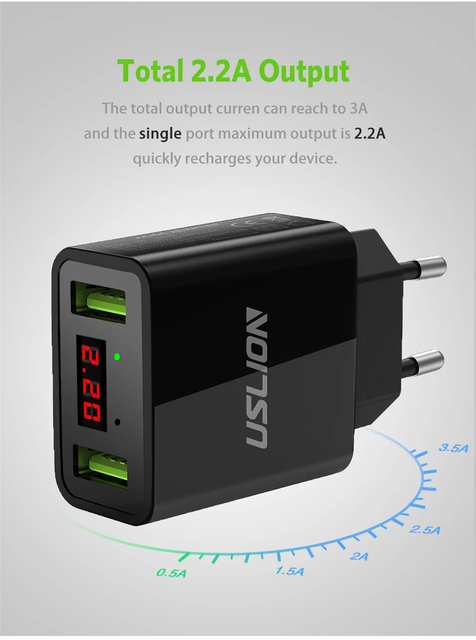 Светодиодный дисплей 2 USB зарядное устройство, USLION Универсальное зарядное устройство для мобильного телефона для iPhone iPad samsung Xiaomi 2.2A макс. зарядное устройство