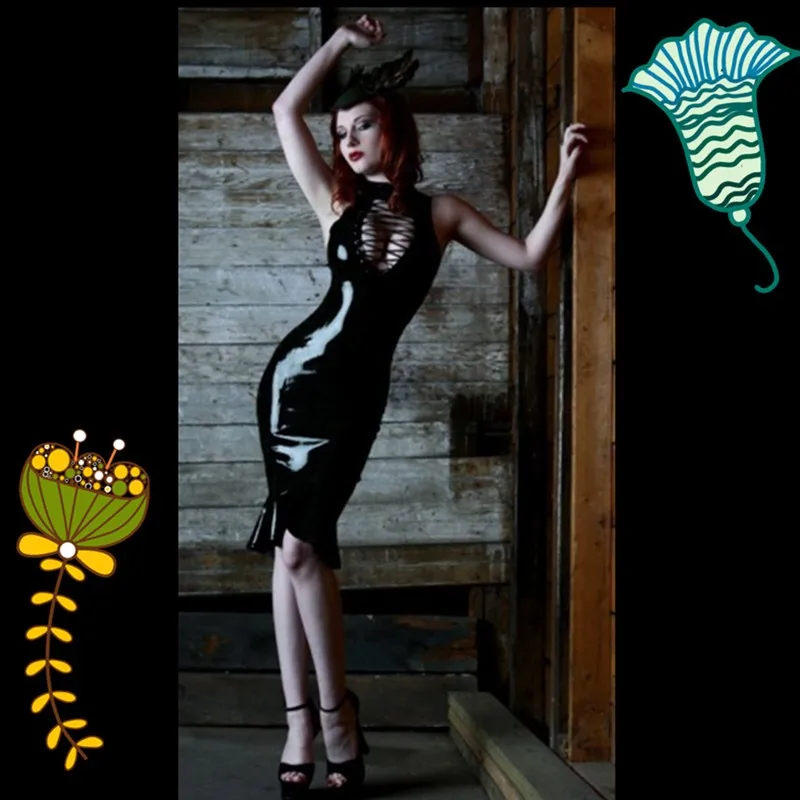 

2016 New Arrival Women Sexy Rubber Flexible Hot Sexy Latex Club Wear Sleeveless Leotard Womens Costumes Black Faux Leather Dress