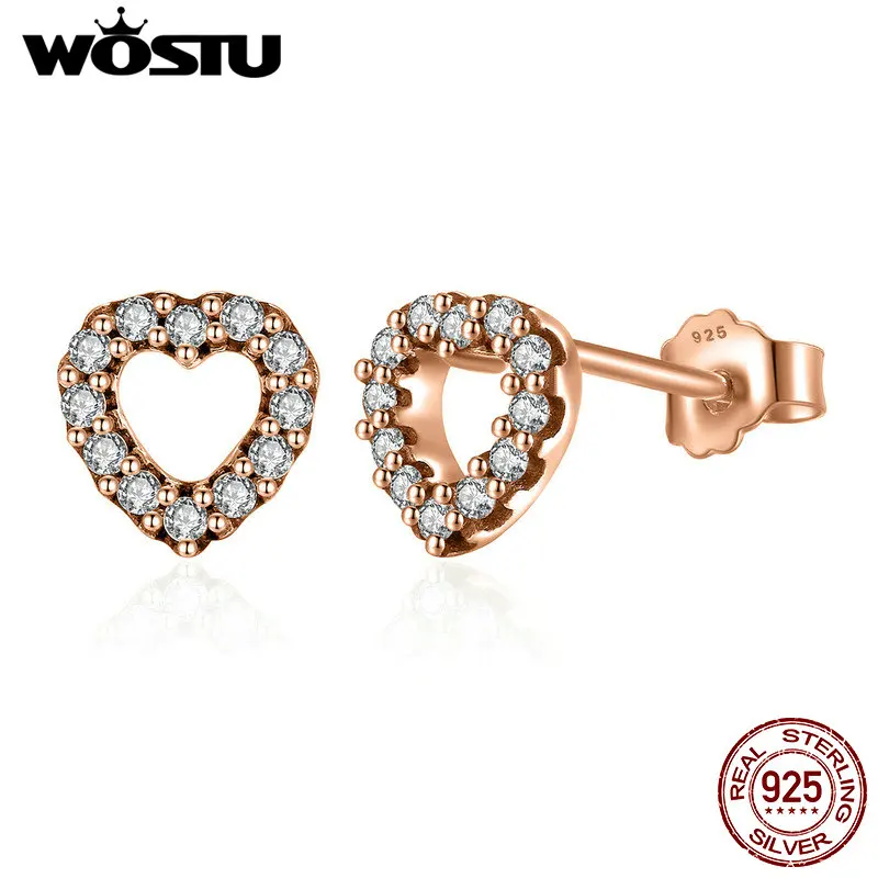

Luxury 100% 925 Sterling Silver Captured Hearts Stud Earrings With Gold Color & Clear CZ For Women Fine Jewelry Gift XCHS483