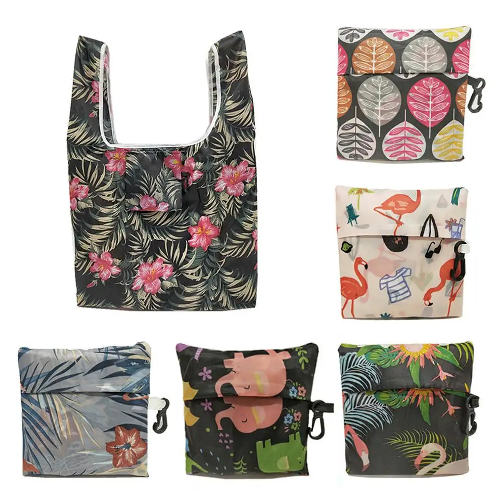 

New Women Bag Foldable Handy Shopping Bag Printing Reusable Tote Pouch Lay Multifunction Recycle Storage Handbag Organizer