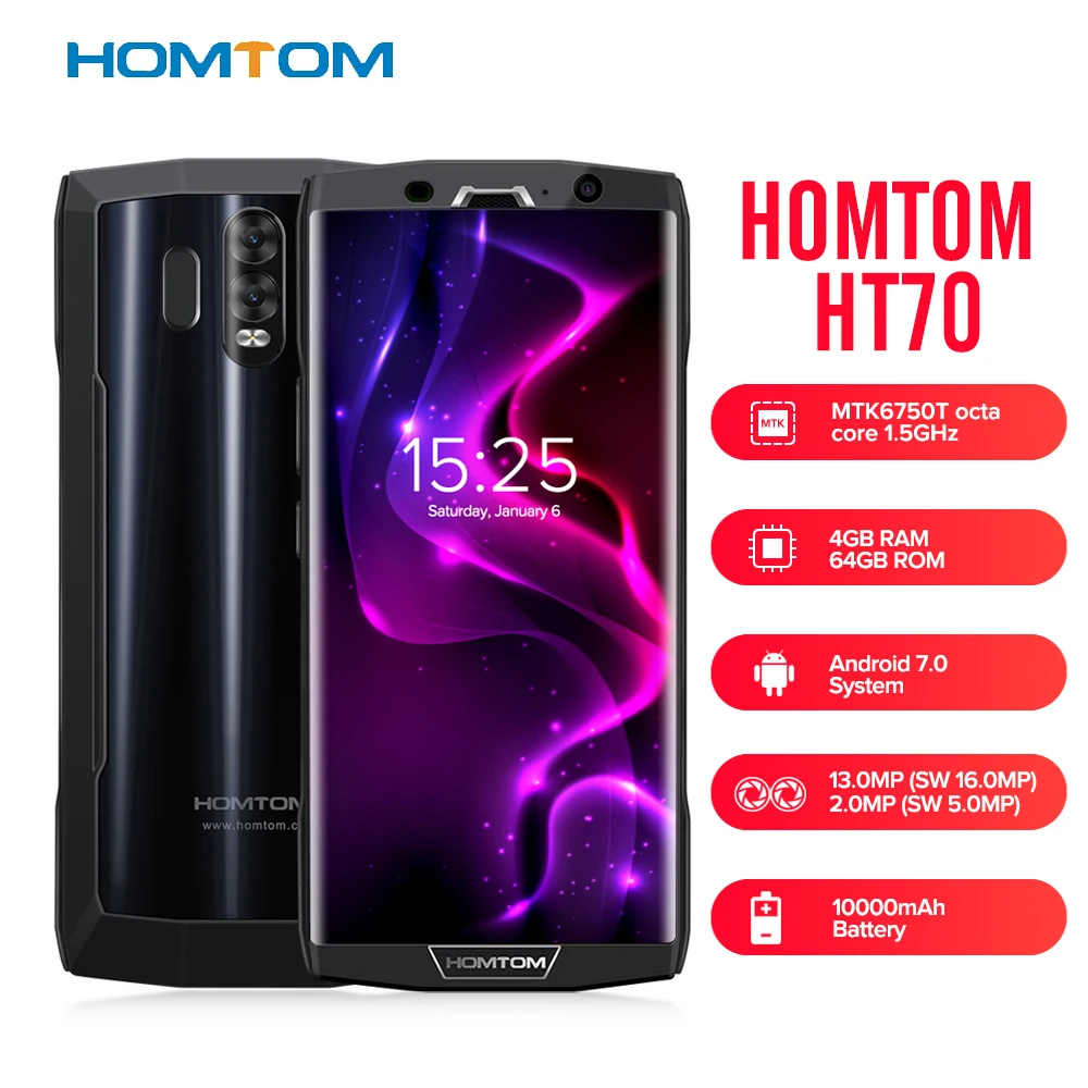 

Original HOMTOM HT70 4G SmartPhone 6.0'' Android 7.0 MTK6750T Octa Core 1.5GHz 4GB RAM 64GB ROM Dual Rear Cameras Mobile Phone