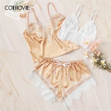 COLROVIE, цветочный кружевной сатиновый комплект нижнего белья, 3 упаковки,, летние пижамы для женщин, сексуальные комплекты, Дамский беспроводной бюстгальтер и шорты, одежда для сна