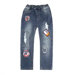 Новая осень и детская зимняя мальчиков деним Рваные джинсы штаны рваные брюки Повседневное Лоскутные теплые Эластичная детская одежда
