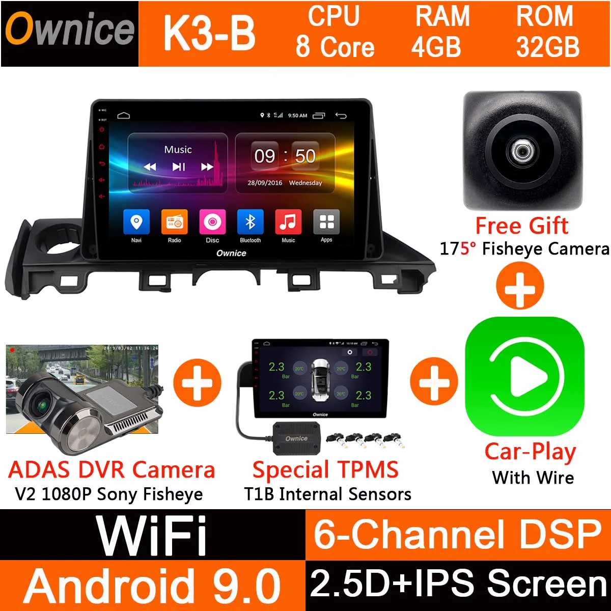 Android 9,0 8 ядерный " ips 1Din 4G+ 32G DSP CarPlay Автомобильный DVD Радио gps Navi плеер для Mazda 6 III 3 GJ Atenza dzda6 - Цвет: K3B-CarPlay-TPMS-DVR