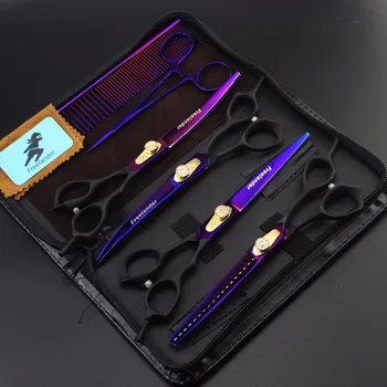 

7 "Professional pet grooming kit, direct and thinning scissors and curved pieces 4 pieces. Purple black handle