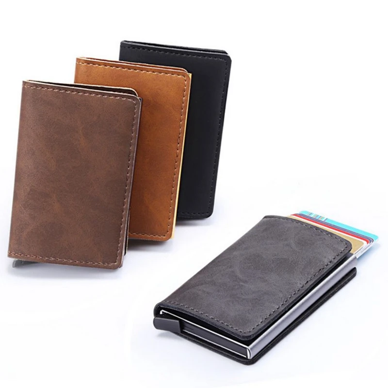 

Aluminum Women Men ID Bank Card Holder Pu Leather Wallet Rfid Blocking Mini Slim Wallets Automatic Credit Card Case Protector