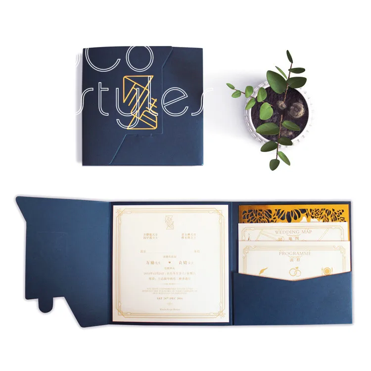  Cocostyles custom super luxury gold laser cut invitation card with die cut pocket envelope for roya - 32889444061