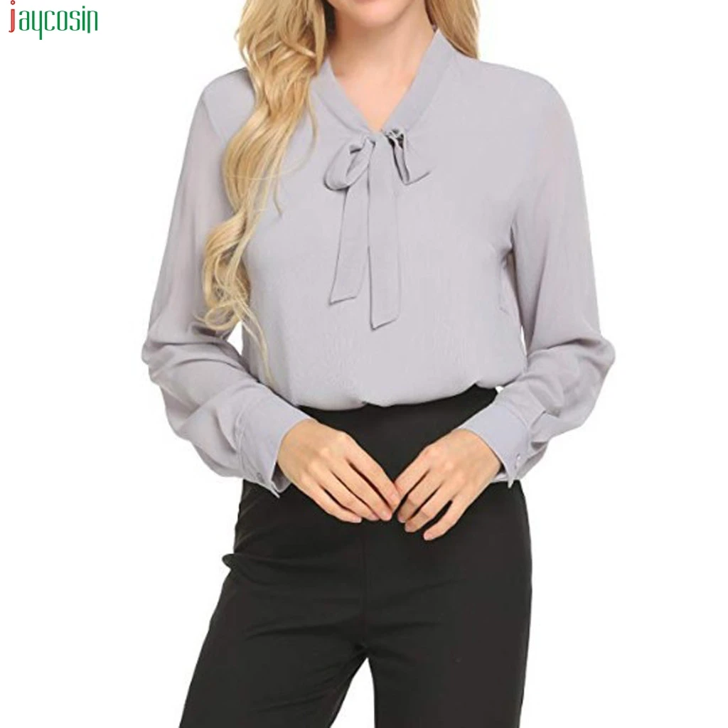 

JAYCOSIN chiffon blouse Womens 2019 Fashion Bow Tie Neck Long Sleeve Casual Office Work Shirts Blouse Shirts Tops blouse female