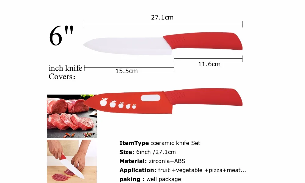 Кухонные ножи керамический нож " 4" " 6" дюймов белое лезвие, поварской нож набор+ Овощечистка керамическая красная ручка набор из пяти предметов