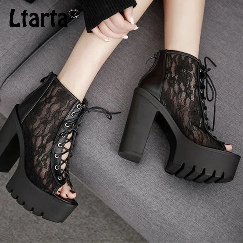 

LTARTA Black White platform Sqare Heels 2019 European And American Style High Heels Lace Mouth High Heel Sandals JXQ-147-3