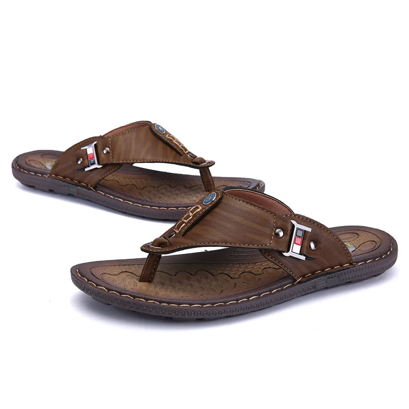 Merkmak Summer Slippers Sandals Men's Fashion Slip-on Solid Breathable Outdoor Casual Leather Men Footwear Flat Man Beach Shoes