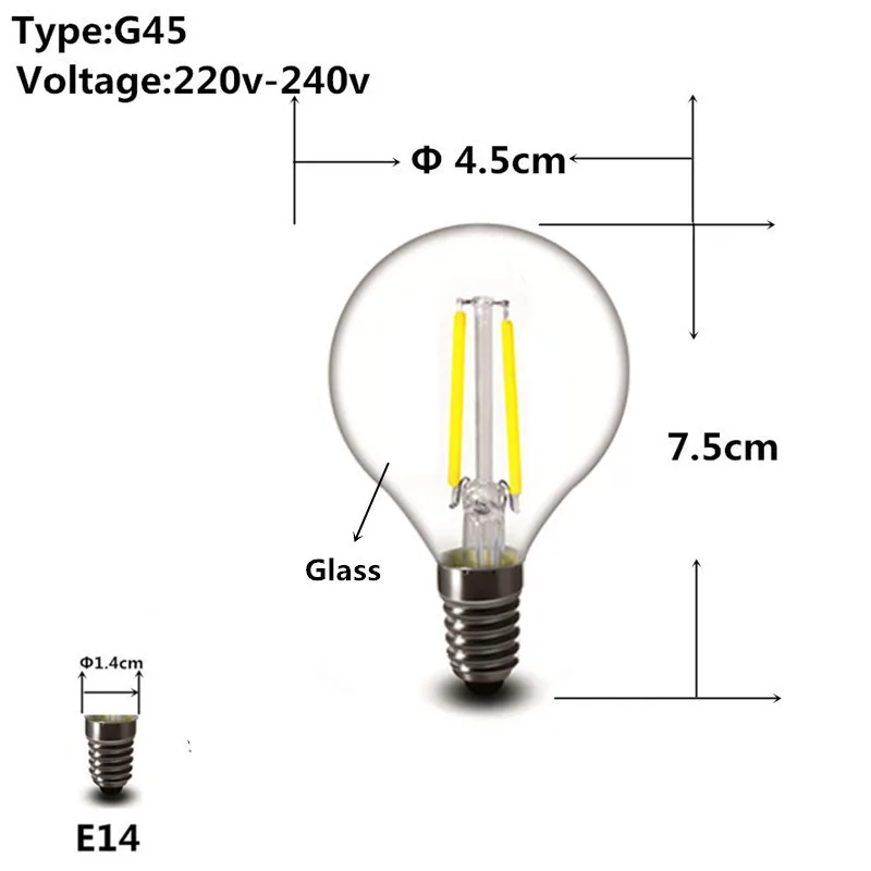 E27 E14 типа «Свеча»), 2 Вт, 4 Вт, 6 Вт 8 Вт Светодиодный светильник 220v Лампочка в виде шара пузыря A60 C35 G45 ST64 T45 лампы в форме свечи накаливания 230v 240v AC - Испускаемый цвет: G45 E14