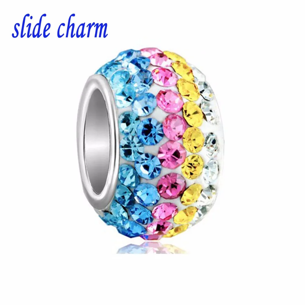 

slide cha Free shipping Valentine's talisman white clay green yellow pink rainbow white crystal charm beads fit Pandora bracelet