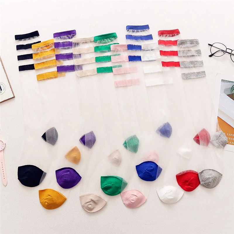 

Stylish Super Thin Transparent Knee High Socks For Women Three Bars Design Crystal Glass Silk Socks Sexy Ladies Summer Socks
