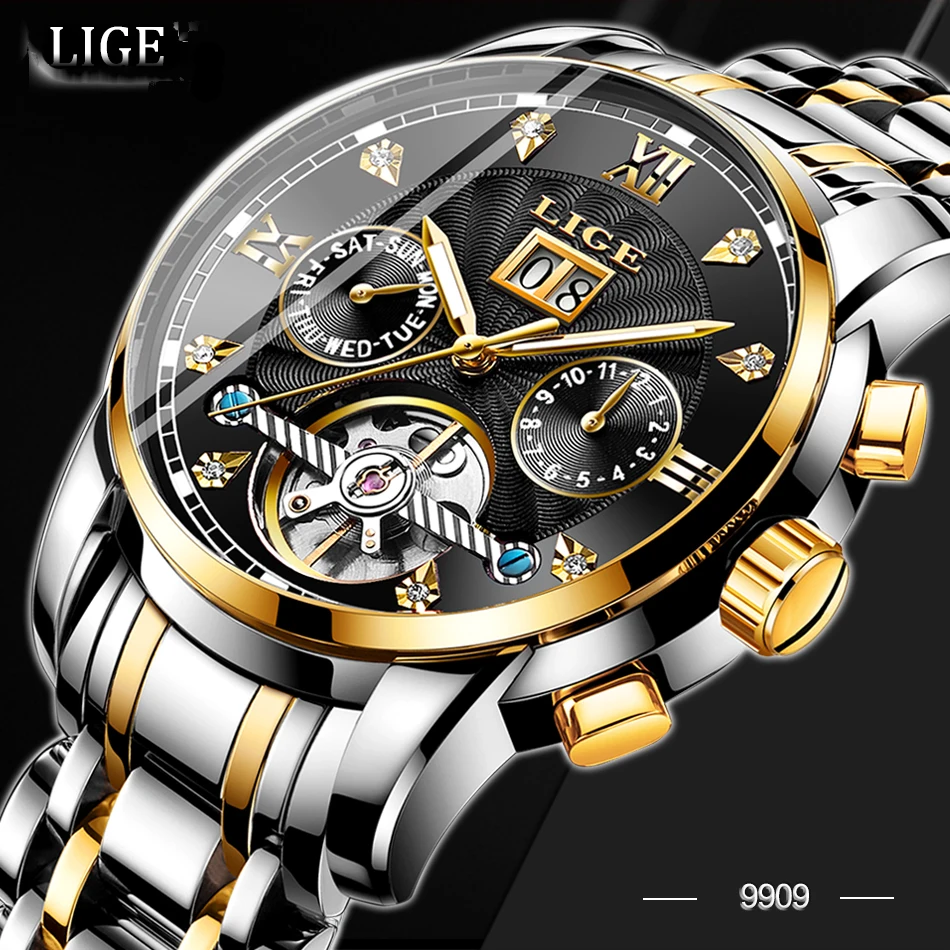 Marca lige masculino relógio automático mecânico tourbillon