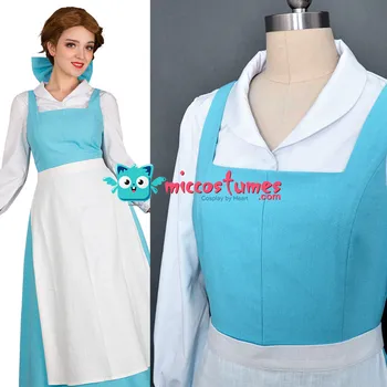 

Anime Film Belle Cosplay Costume Blue Maid Dress Shirt Apron