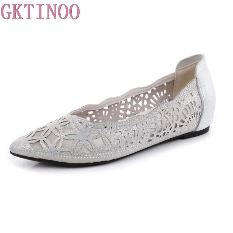 

GKTINOO Women Flats Shoes Pointed Toe Genuine Leather Crystal Shoes Summer Shallow Ballet Flats Shoes Ladies Large Size 34-43