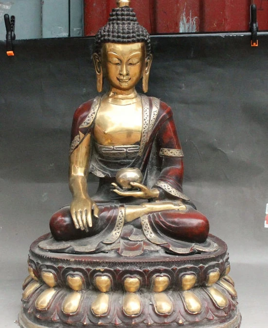 

24" Old Chinese Tibet Buddhism Temple Bronze Gilt Pot Shakyamuni Buddha Statue