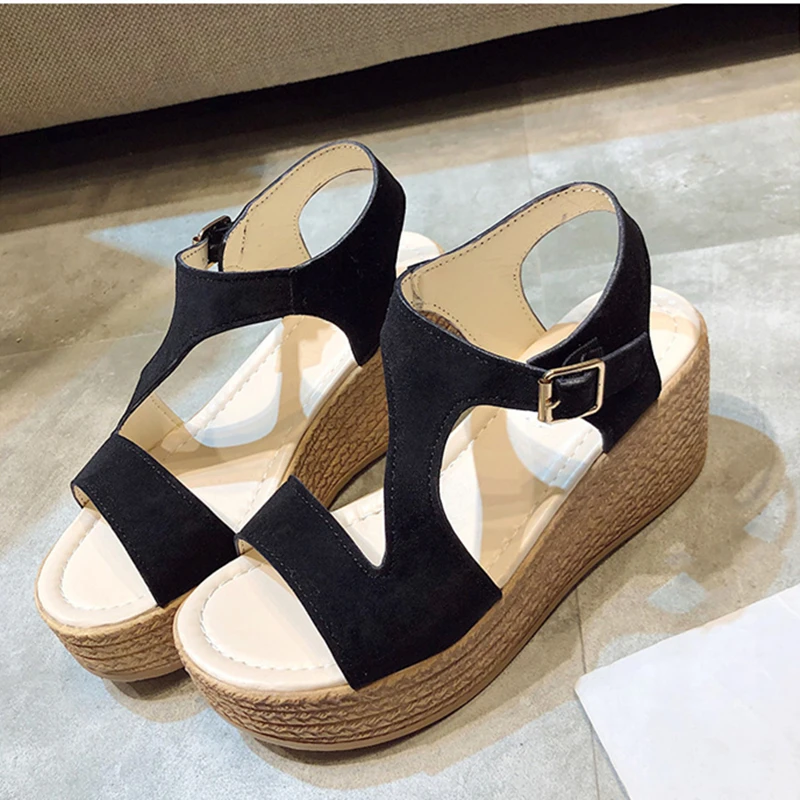 

Ho Heave Women Wedges Shoes Female Fashion High Platform Shoes Women Solid Flock Rome Front Rear Strap Buckle Gladiator Shoes